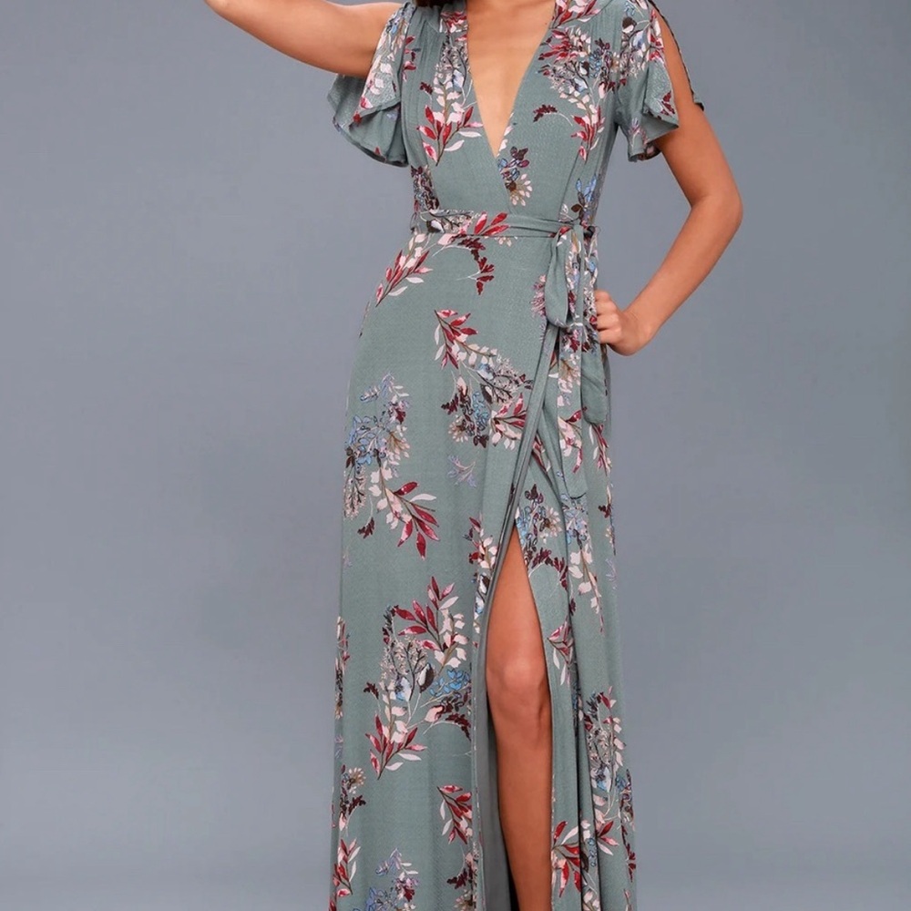 Lulus Fiorire Slate Blue Floral Print Wrap Maxi Dress